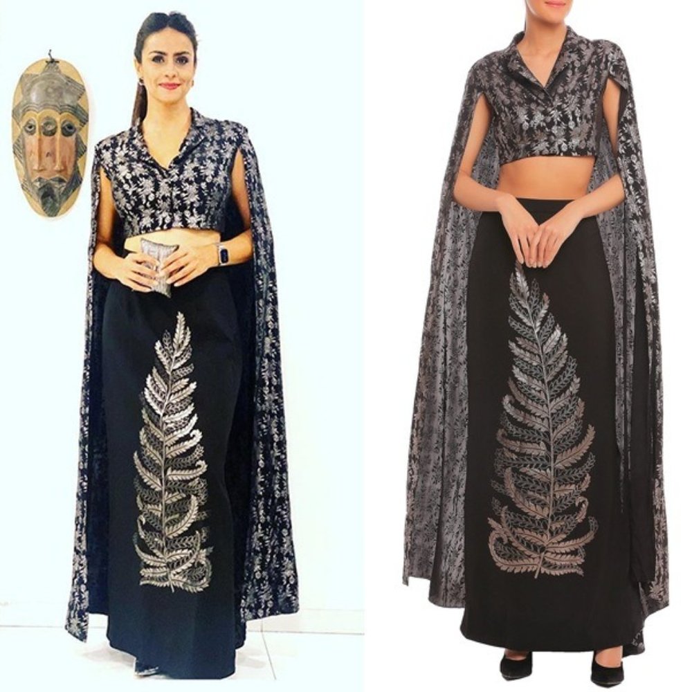 MASABA Black Printed Cape Sleeve Crop Blazer With Skirt